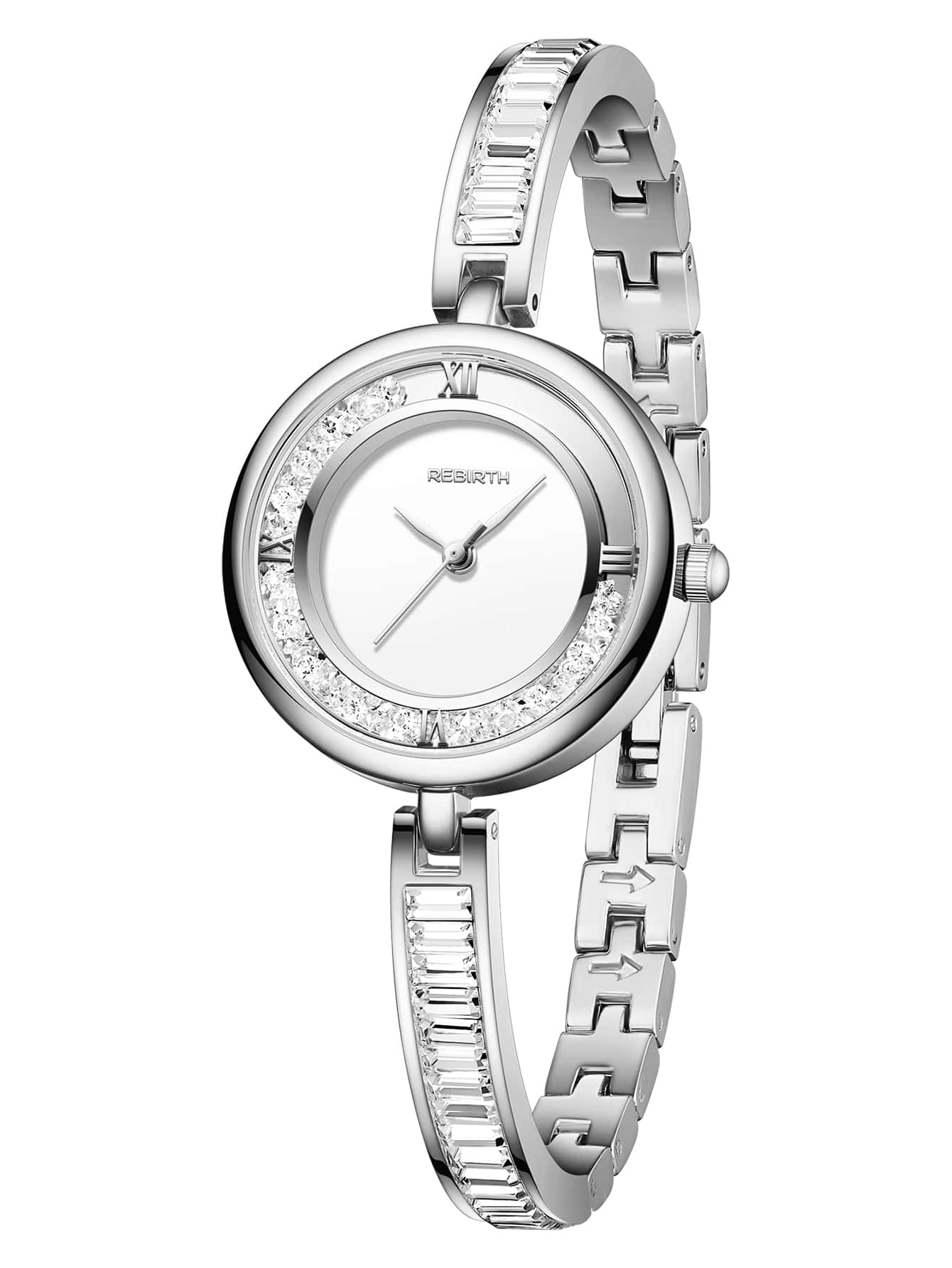 REBIRTH Đồng hồ thạch anh con trỏ tròn trang trí bằng đá rhinestone - Bạc - Xem 1