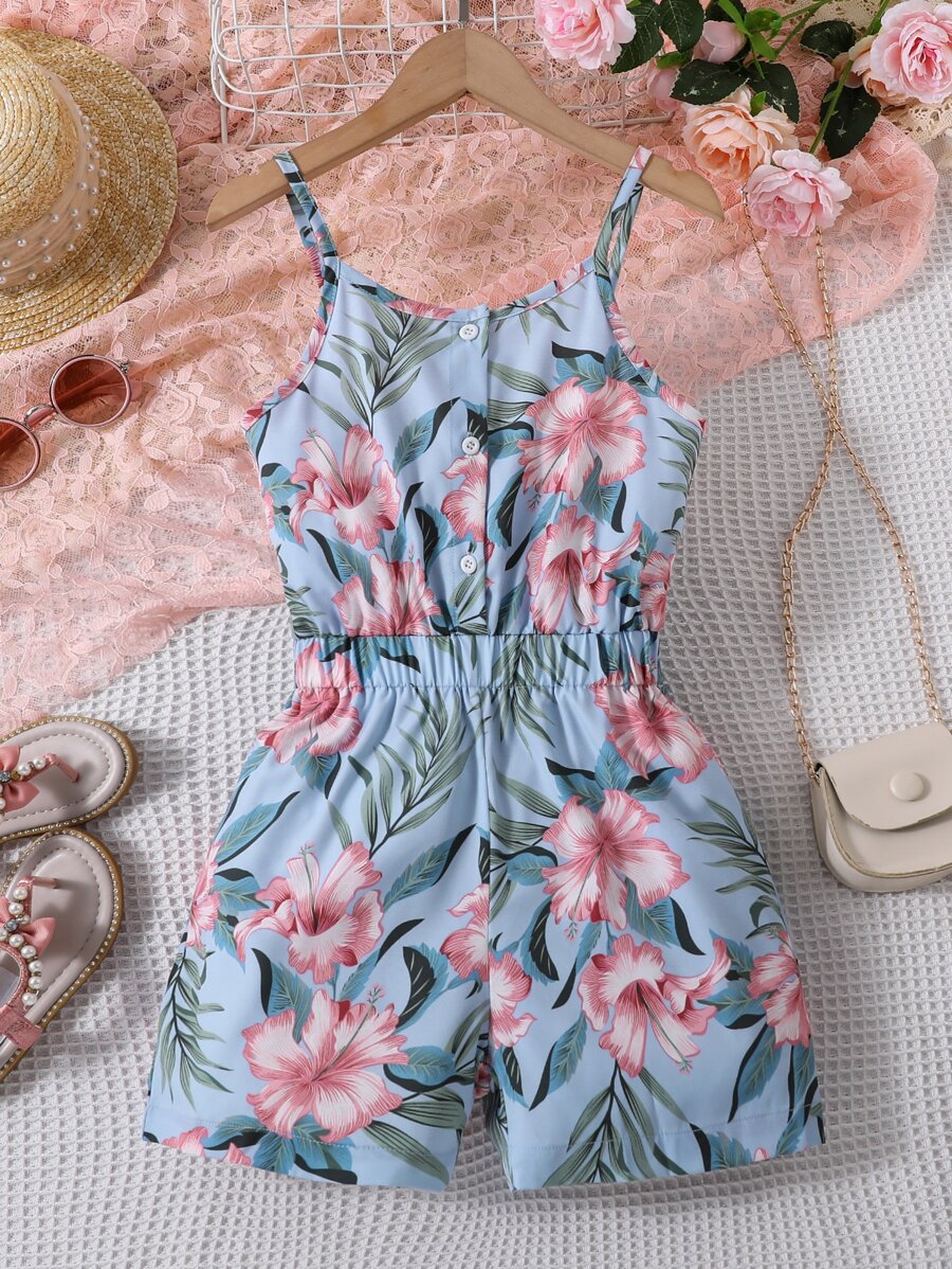 Girls Tropical Print Cami Romper - Dusty Blue - View 1
