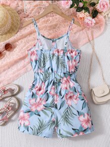 Girls Tropical Print Cami Romper - Dusty Blue - View 2