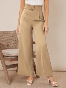 Firerie 净色系腰带阔腿裤 - 卡其色 - 查看 5