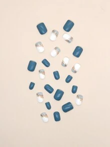 Transform Your Nails With 24pcs Short Square Turquoise Ombre Glitter Marble Print Fake Nail & 1sheet Tape & 1pc Nail File Press On Nails Nail Supplies - Multicolor - View 3