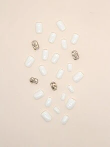 Upgrade Your Look with 24pcs Short Square White Rhinestone Glitter Textured Fake Nail & 1sheet Tape & 1pc Nail File - Multicolor - View 5