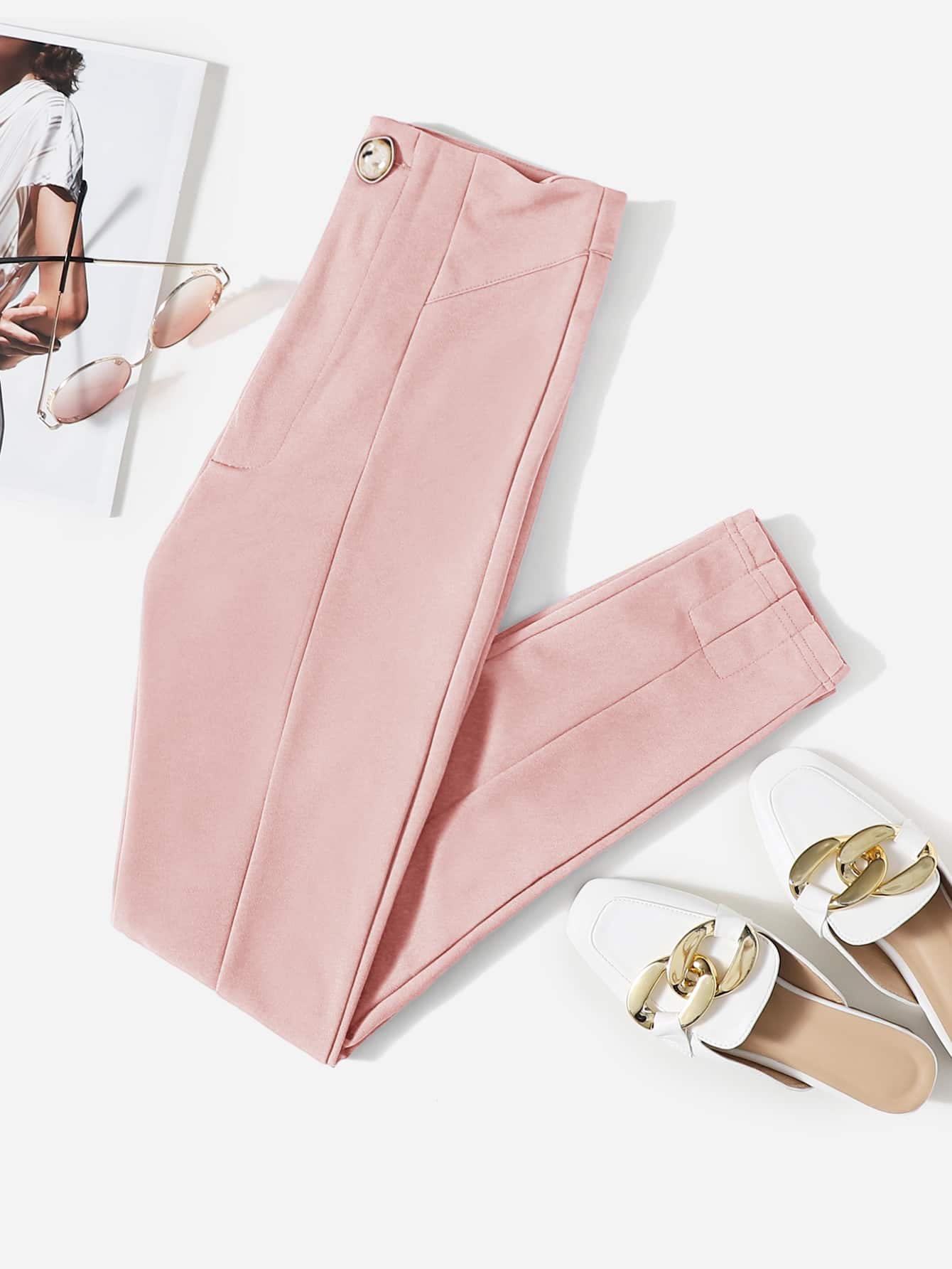 SHEIN LUNE Solid Slant Pocket Skinny Trousers - Baby Pink - View 1