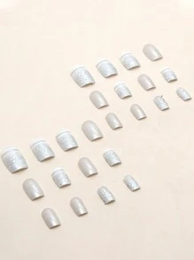 Elevate Your Style With 24pcs Short Square Silver Mirror Glitter Line Fake Nail & 1pc Nail File & 1sheet Tape Press On Nails Nail Supplies - Multicolor - View 3