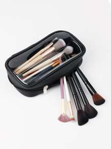 1pc Transparent Makeup Brush Storage Bag With Clear Panel In Black - Black - View 1