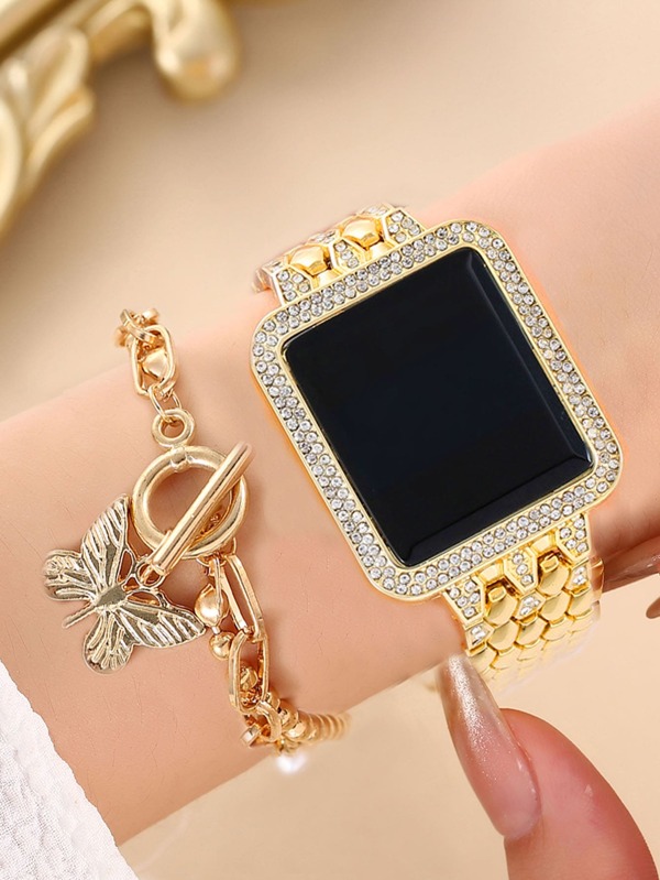 2مجموعة هدية للطلاب العائدين إلى المدرسة ساعة إلكترونية نسائية مرصعة بالراين مع سوار من الذهب الفولاذي، عرض رقمي مربع ذات أزياء فاخرة