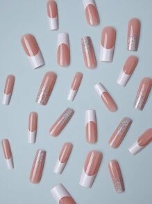 提升你風格帶24入組長款方形白色法語金屬亮絲假指甲和1張膠帶和1入組指甲銼 - 查看 3