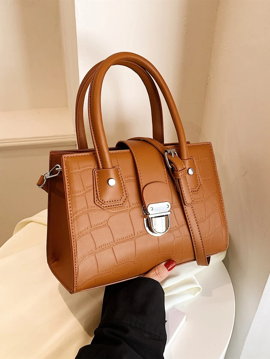 鱷魚壓紋方包 - 棕色 - 查看 1