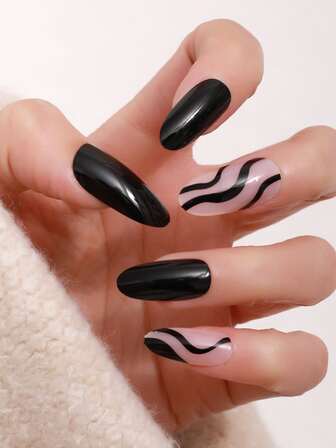 24 件长椭圆形条纹假指甲、1 件指甲锉和 1 片胶带，用于指甲上，美甲用品，指甲