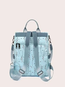 Mochila informal con estampado de flores para mujer, mochila escolar informal para niña, bolsa de viaje antirrobo de gran capacidad, mochila con decoración de pompones y gráficos florales - Celeste - Ver 2