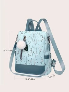 Mochila informal con estampado de flores para mujer, mochila escolar informal para niña, bolsa de viaje antirrobo de gran capacidad, mochila con decoración de pompones y gráficos florales - Celeste - Ver 4