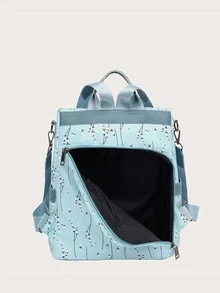 Mochila informal con estampado de flores para mujer, mochila escolar informal para niña, bolsa de viaje antirrobo de gran capacidad, mochila con decoración de pompones y gráficos florales - Celeste - Ver 6