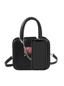 迷你字母圖案鏈條裝飾方包 - 黑色 - 查看 3