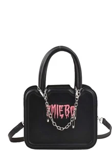 迷你字母圖案鏈條裝飾方包 - 黑色 - 查看 5