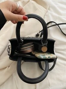 迷你字母圖案鏈條裝飾方包 - 黑色 - 查看 7