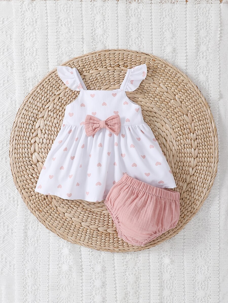 SHEIN Baby Girl Heart Print Bow Front Ruffle Trim Top & Shorts - Multicolor - View 1