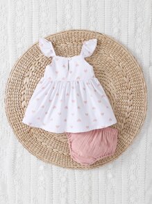 SHEIN Baby Girl Heart Print Bow Front Ruffle Trim Top & Shorts - Multicolor - View 2