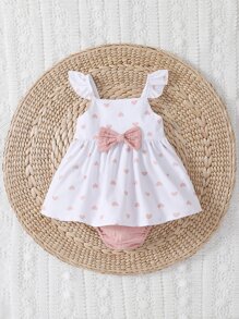 SHEIN Baby Girl Heart Print Bow Front Ruffle Trim Top & Shorts - Multicolor - View 7