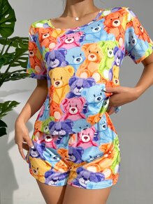 Colorful Bear All-Over Print Short Sleeve Shorts Pajama Set - Multicolor - View 1