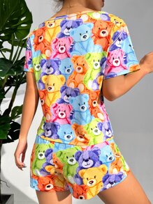 Colorful Bear All-Over Print Short Sleeve Shorts Pajama Set - Multicolor - View 2