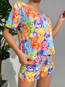 Colorful Bear All-Over Print Short Sleeve Shorts Pajama Set - Multicolor - View 3