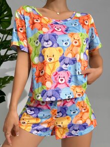 Colorful Bear All-Over Print Short Sleeve Shorts Pajama Set - Multicolor - View 4