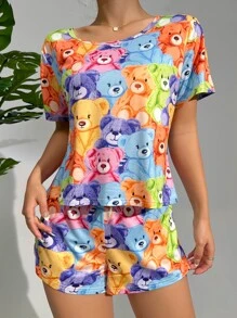 Colorful Bear All-Over Print Short Sleeve Shorts Pajama Set - Multicolor - View 5