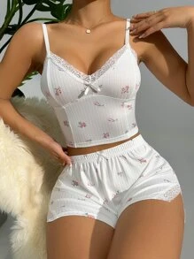 SHEIN Floral Print Lace Trim Bow Front Cami Top & Shorts PJ Set / Pajama Set White Set - White - View 1