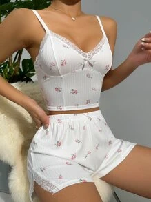 SHEIN Floral Print Lace Trim Bow Front Cami Top & Shorts PJ Set / Pajama Set White Set - White - View 3