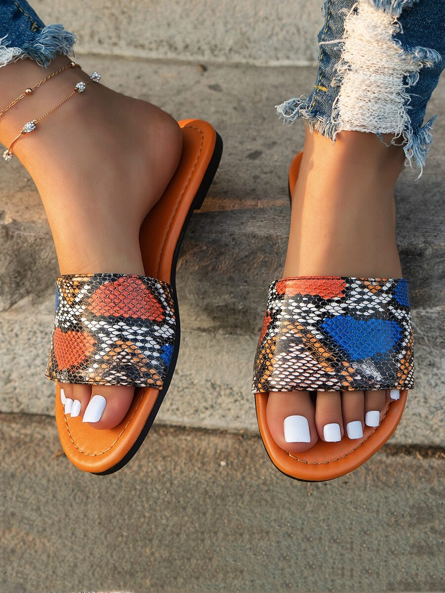 Women Random Snakeskin Embossed Slide Sandals, Funky Outdoor Flat ...