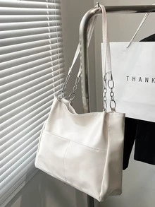 Minimalist Tote Bag White Shoulder Tote Bag - White - View 4