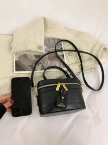 時尚新款迷你鱷魚紋女士手提袋肩背包經典盒型包 - 黑色 - 查看 5