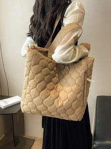 Quilted Pattern Tote Bag Khaki Shoulder Tote Bag - Khaki - View 2