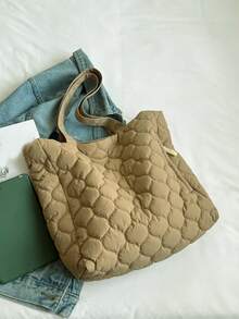 Quilted Pattern Tote Bag Khaki Shoulder Tote Bag - Khaki - View 5