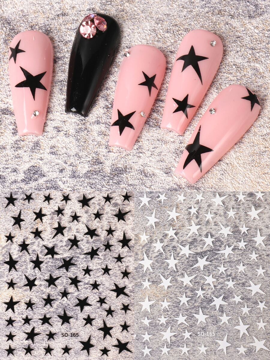 FULL BEAUTY 2sheets Star Pattern Nail Art Sticker Y2K-Style Nail Art Decals Nail Stickers DIY - Black and White - View 1