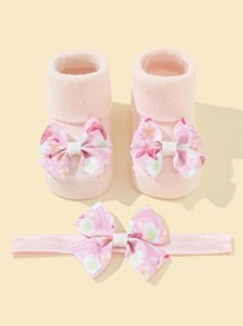 1 par Bebé Calcetines & 1 pieza Banda de pelo con diseño de lazo - Rosa Pálido - Ver 1
