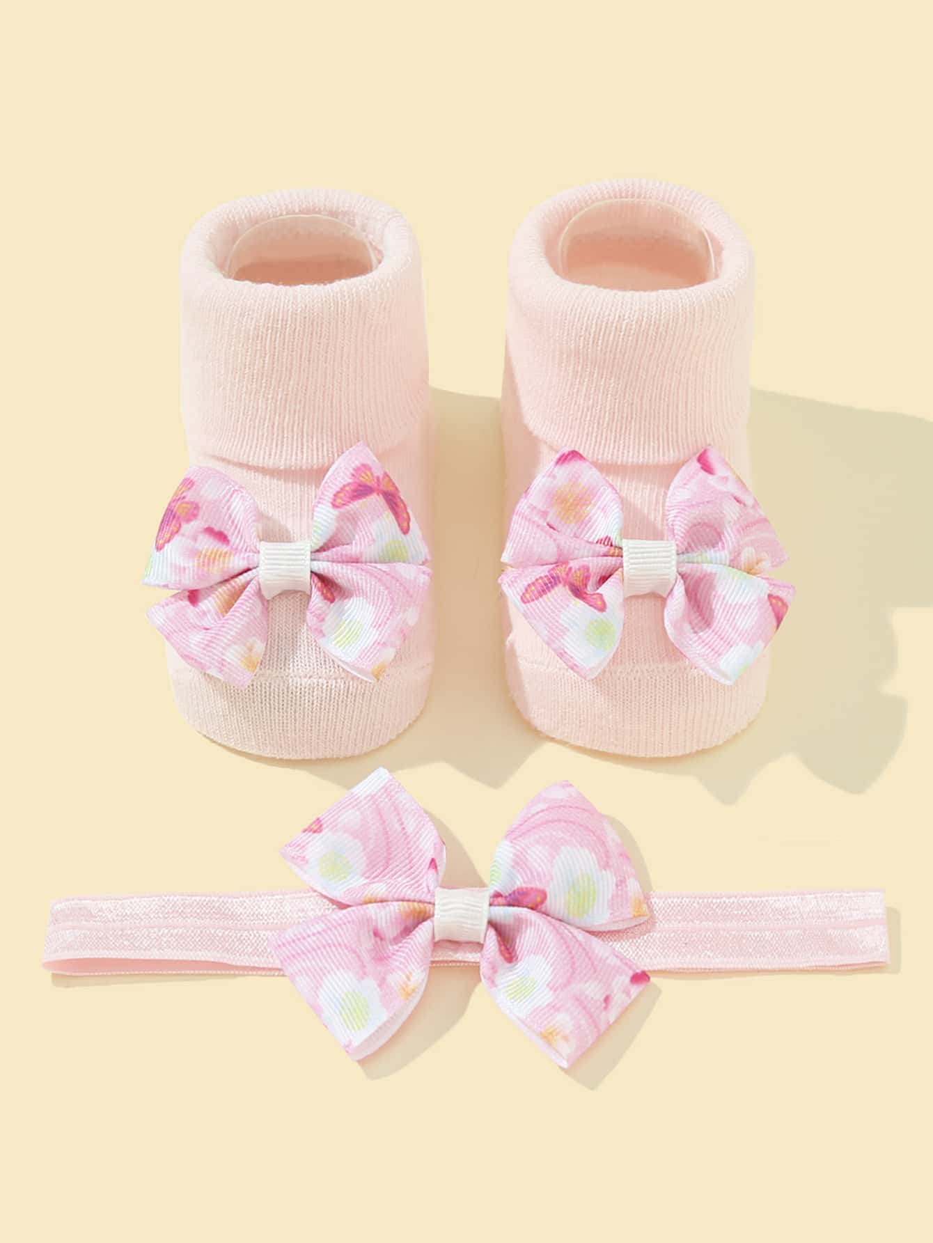 1 par Bebé Calcetines & 1 pieza Banda de pelo con diseño de lazo - Rosa Pálido - Ver 1
