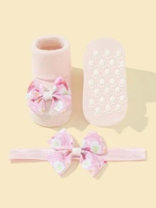 1 par Bebé Calcetines & 1 pieza Banda de pelo con diseño de lazo - Rosa Pálido - Ver 3