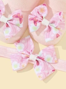 1 par Bebé Calcetines & 1 pieza Banda de pelo con diseño de lazo - Rosa Pálido - Ver 4