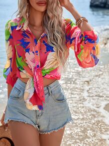 SHEIN VCAY Áo sơ mi nữ Nút phía trước Hoa Tất cả trên in Boho - Nhiều màu - Xem 1