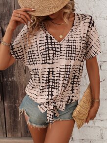 Breezaya Áo thun in họa tiết viền thắt nút toàn bộ Áo thun nữ - Màu be - Xem 1