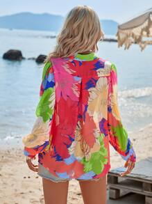 SHEIN VCAY Áo sơ mi nữ Nút phía trước Hoa Tất cả trên in Boho - Nhiều màu - Xem 2