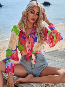 SHEIN VCAY Áo sơ mi nữ Nút phía trước Hoa Tất cả trên in Boho - Nhiều màu - Xem 6