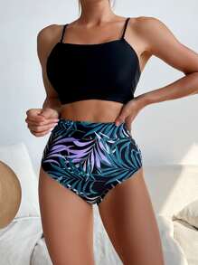 Tropical Print Bikini Set Tie Back Cami Top & High Waisted Bottom 2 Pieces Bikini Summer Beach - Black - View 5