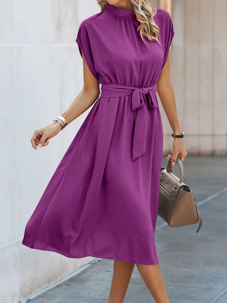 SHEIN LUNE Solid Belted A-line Dress - Purple - View 1