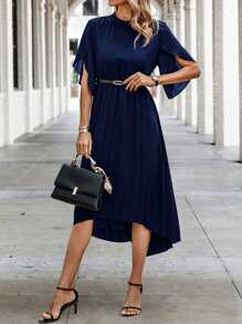 SHEIN Clasi Solid Petal Sleeve High Low Hem Dress Without Belt - Navy Blue - View 5