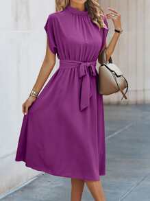 SHEIN LUNE Solid Belted A-line Dress - Purple - View 6