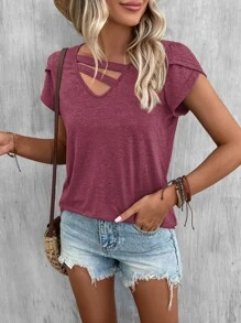 SHEIN LUNE Petal Sleeve Cut Out Front Tee - Red Violet - View 1