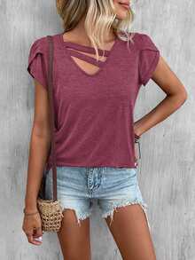 SHEIN LUNE Petal Sleeve Cut Out Front Tee - Red Violet - View 4