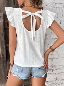 SHEIN VCAY Eyelet Embroidery Tie Back Butterfly Sleeve Tee - White - View 2